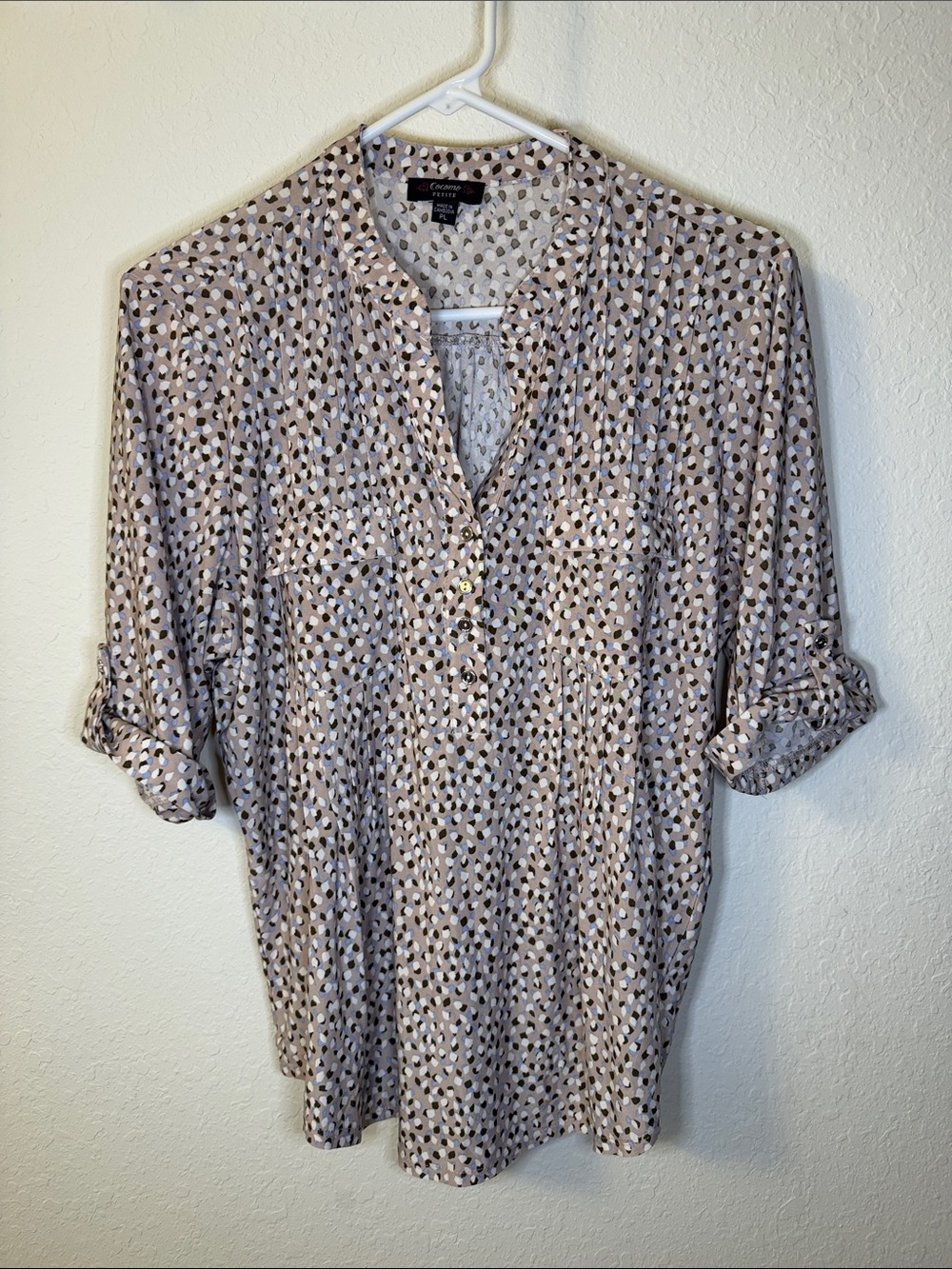 Cocomo Taupe and White Dotted Roll-Sleeve Blouse